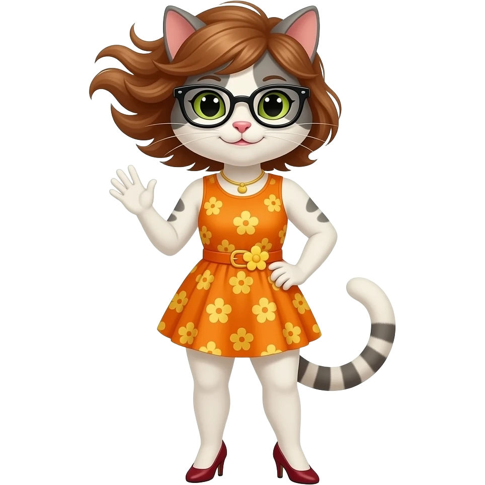 Mrs.Kat(Teacher(Orange-Yellow Mother Cat Of Kat(With Orange Short Dress With Yellow Flowers Without Plants Without Sleeves With Tiny Orange Belt With Yellow Flowers Without Plants, Dark Red High Heels Shoes, Black Eyeglasses And Visible Yellow Panties)))Marilyn Monroe Wind Lift Up. emoji