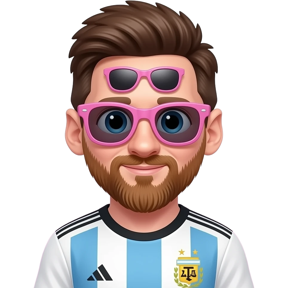 Cute front-facing Messi emoji, brown hair, beard, big eyes, Argentina jersey, soft gradient background. Exactly 2 pink sunglasses: 1 tiny pair between the eyebrows on the forehead, and 1 medium pair worn on the eyes. emoji