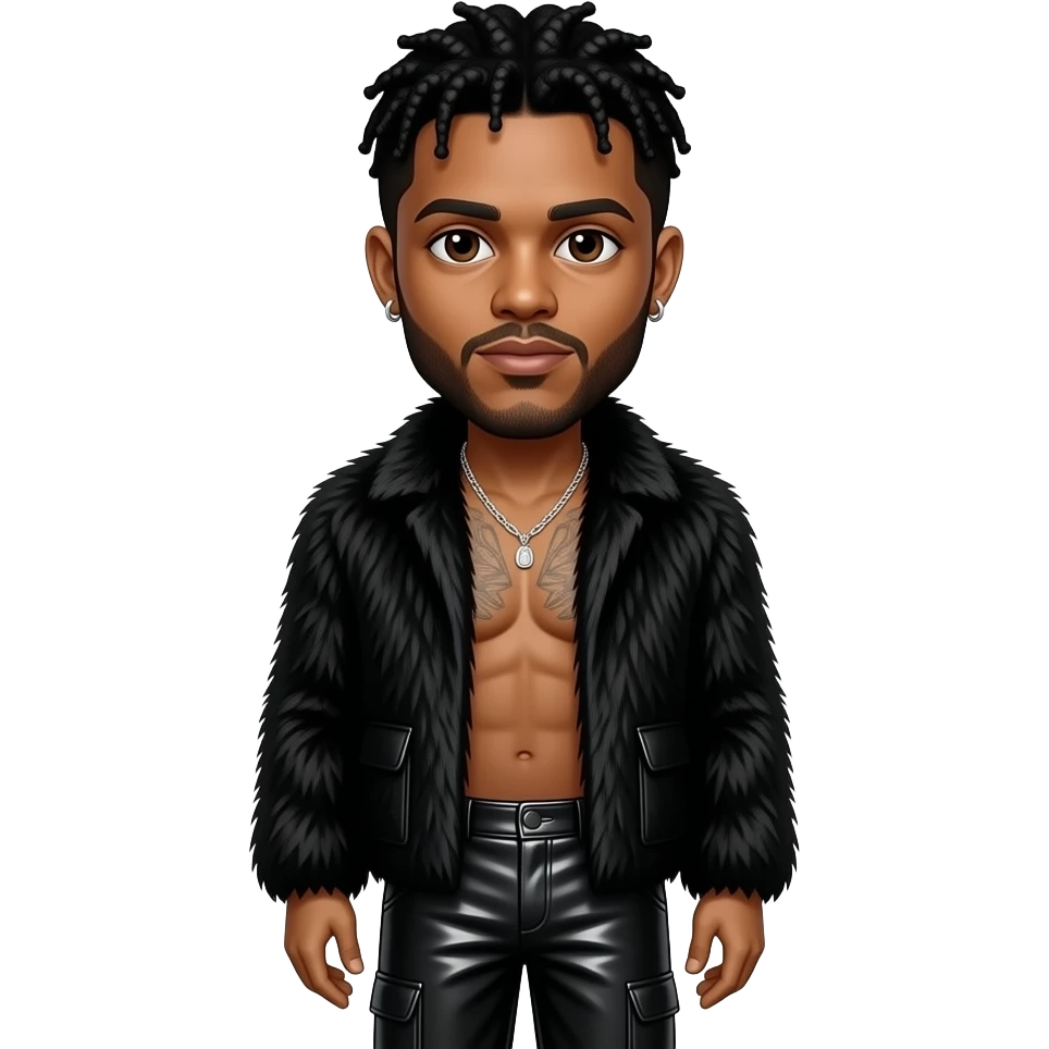 The Weeknd with dark brown eyes, black hair, black fur shawl, black metallic baggy pants, shirtless with necklace and earrings emoji