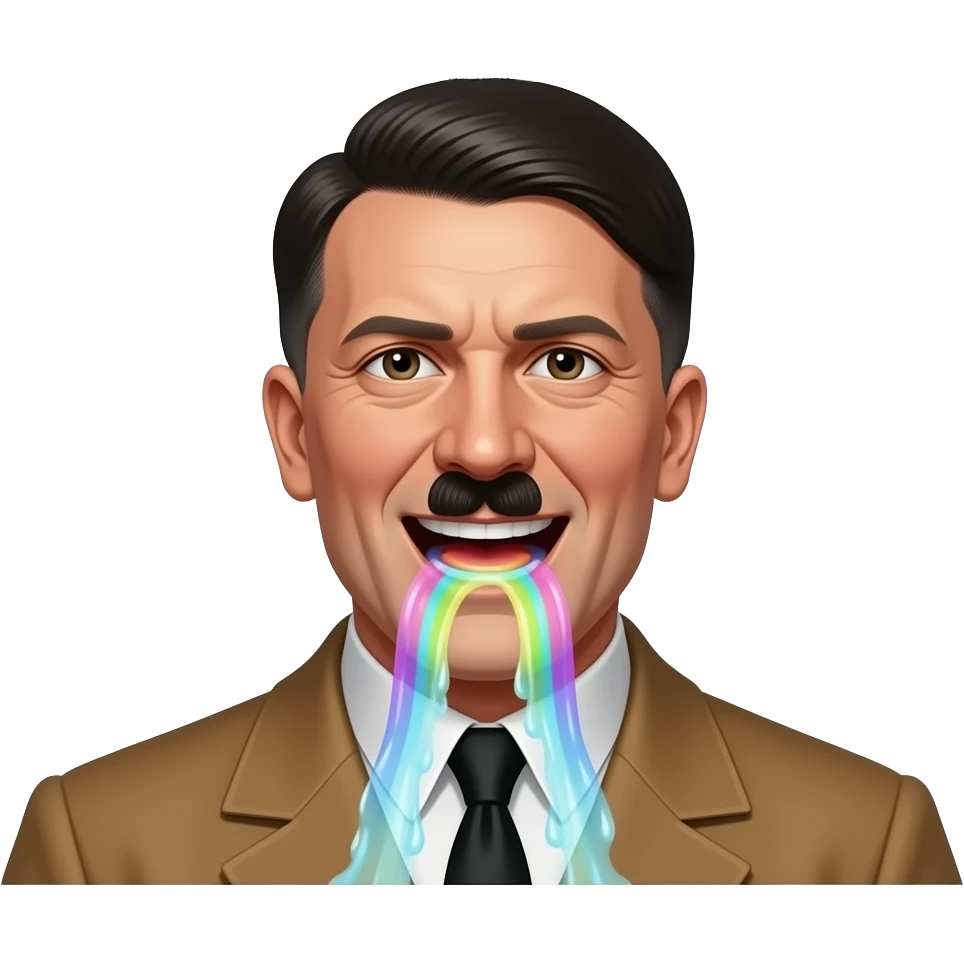 a meme of a mugshot of hitler and he is barfing rainbows and white slimy liquid and smiling wide with meme text up and down saying "he has a penis and i wangt to stuff bombs in my butthole to get pregnent in 890 months🤨😭😫🥳🫥" emoji