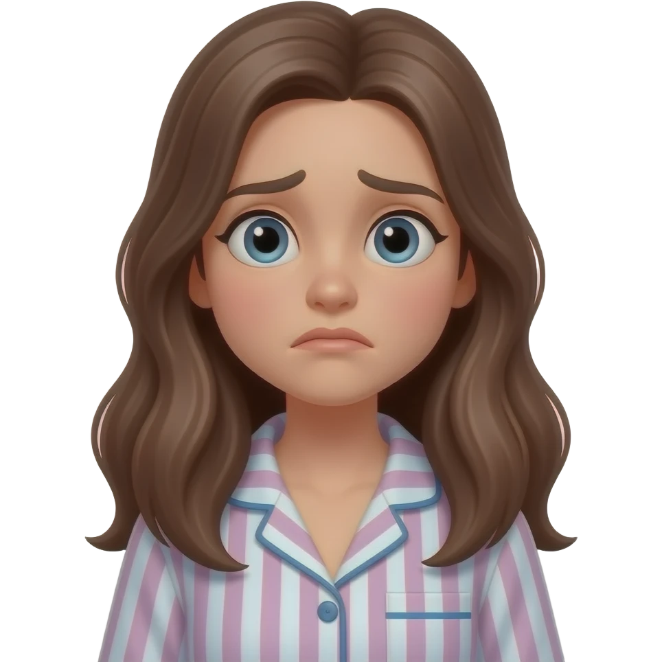 teenage girl long hair in pjs standing up worried expression emoji