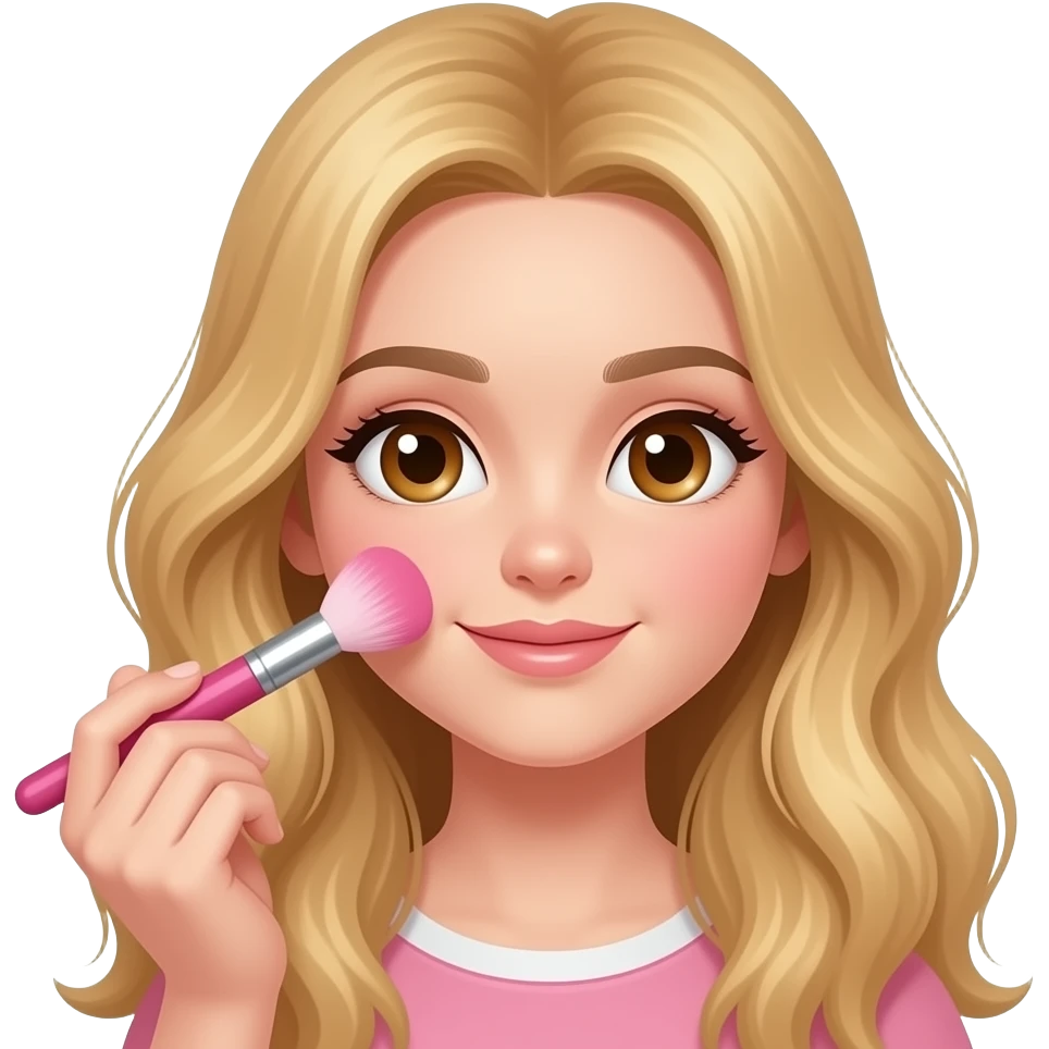 Menina loira de cabelo longo loiro ondulado e olhos castanhos se maquiando com pincel rosa emoji
