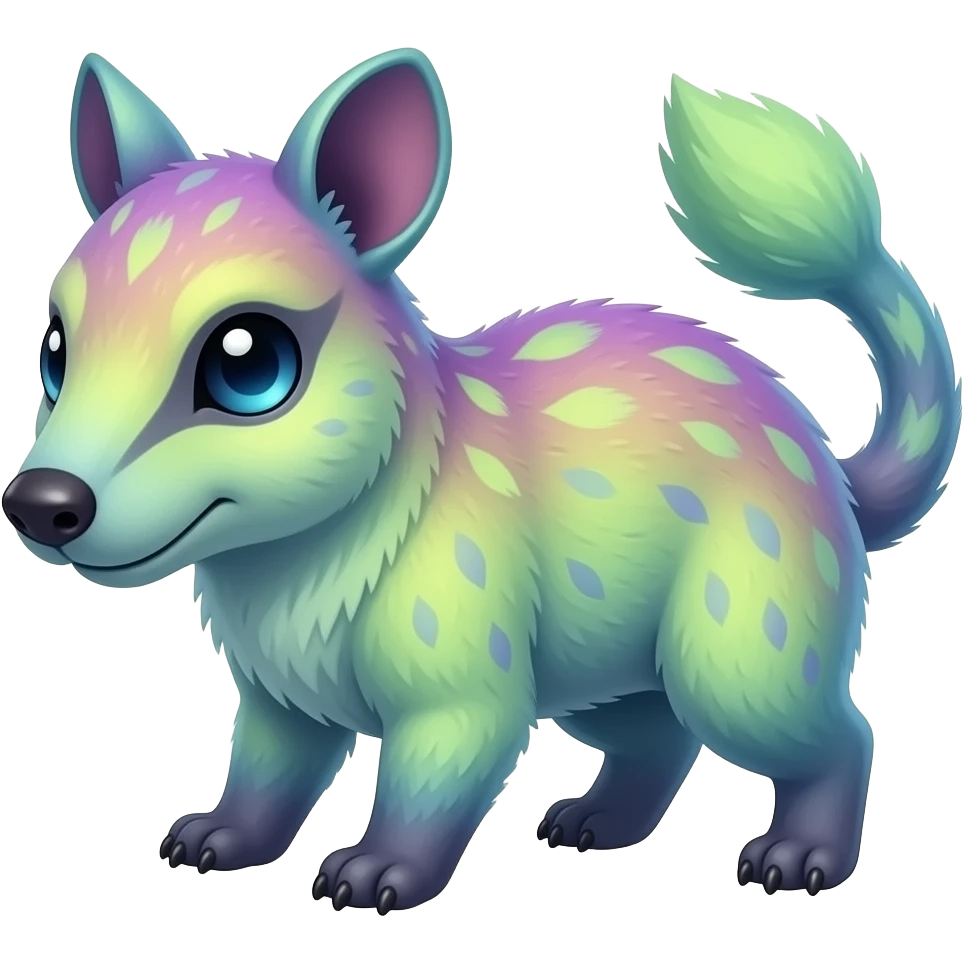 Iridescent Neon Lime-Green-Magenta-gradients Minccino-Numbat-Sergal-fusion-hybrid-animal-creature, full body emoji