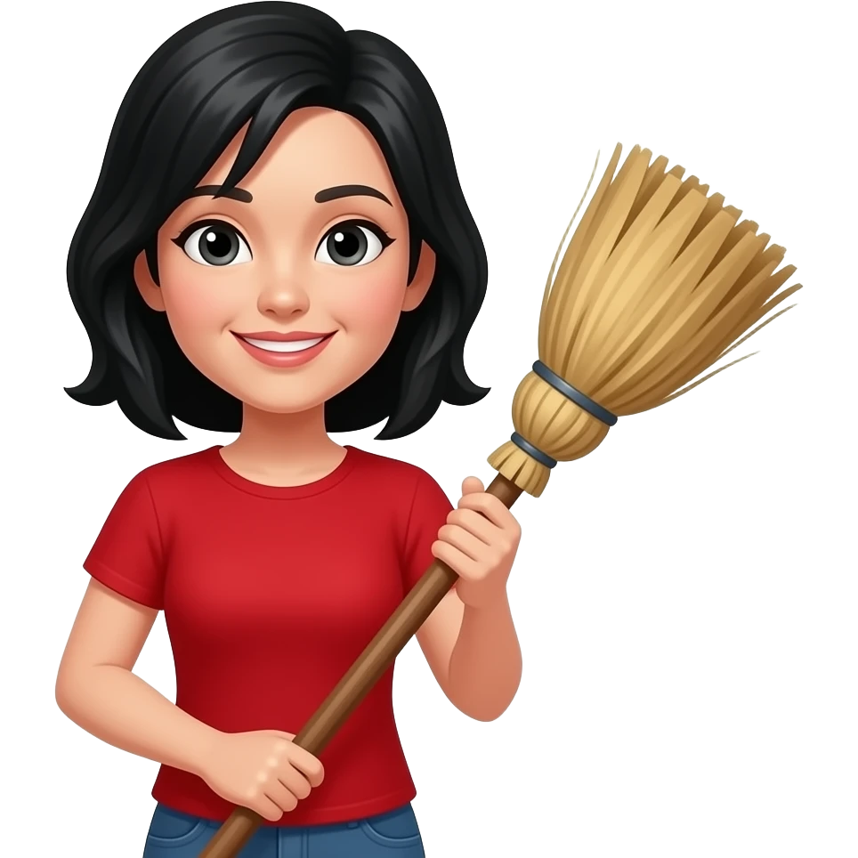 woman with red shirt black hair standing holding a broom emoji