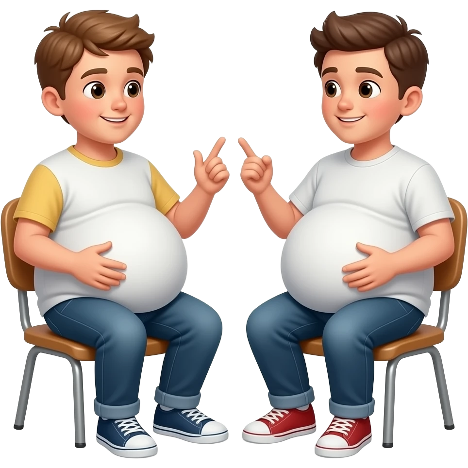 Oba chłopaki z bardzo ogromnymi brzuchami mają 14 lat ich brzuchy mają kształt jak kula siedzą na krześle i rozmawiają emoji