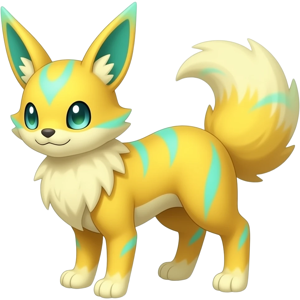 Yellow Renamon-Zeraora-Genet-Civet-caracal-Fennekin-Manectric-Vaporeon-Fakémon-hybrid with glowing neon cyan markings emoji