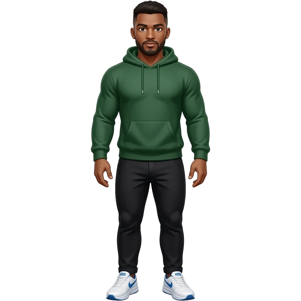 make a super hot brown guy with fluffy brown low taper fade who has good muscles wearing a dark green sweatshirt with black pants and white hoka shoes emoji