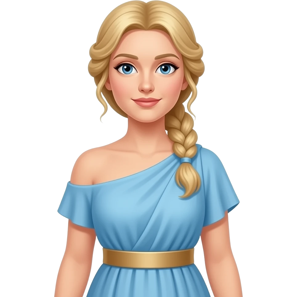 Greek godess with blonde hair, light blue dress that covers BOTH shoulders and beige wide belt, and hair in loose half updo emoji