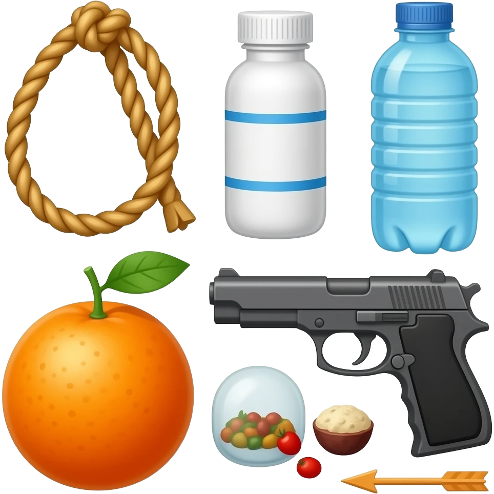 یک مربع سفید که روش طناب،دارو،آب،نارنجک،تفنگ،غذا،تیر دارد emoji