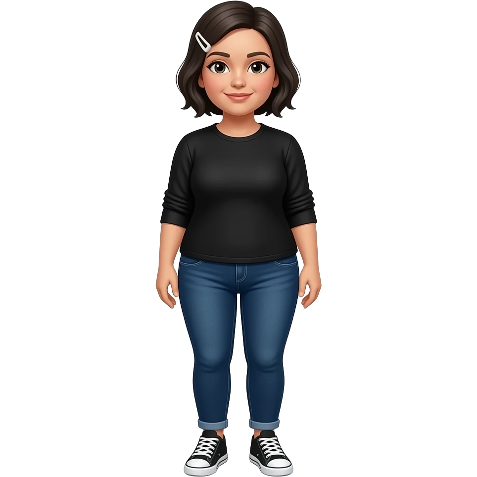 White American woman with a black long sleeve shirt, dark blue skinny jeans, black short hair with a white clip on the left of her hair, a little bit chubby, and white and black sneakers emoji