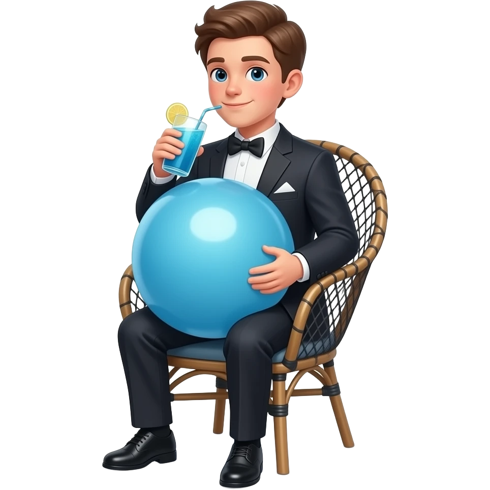 chłopak 13 latek z super super super super super super super super super super super super super super super super super super super super super super super ekstremalnie max ogromny brzuch jak balon brzuch ma kształt jak duża kula elegancko ubrany sieci na krześle i pije 🔵 emoji