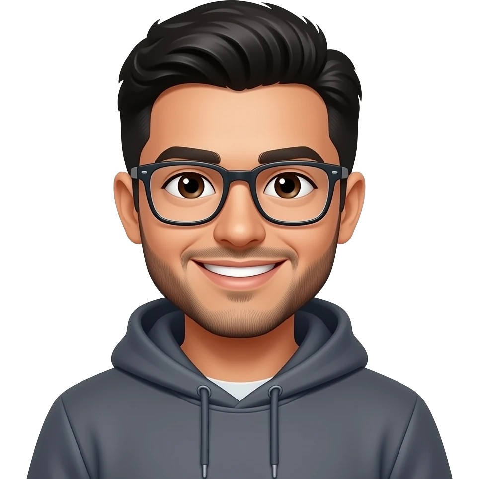 latino man in his 20s with short black hair. dark brown eyes. beard. glasses. smiling. wearing a hoodie. emoji