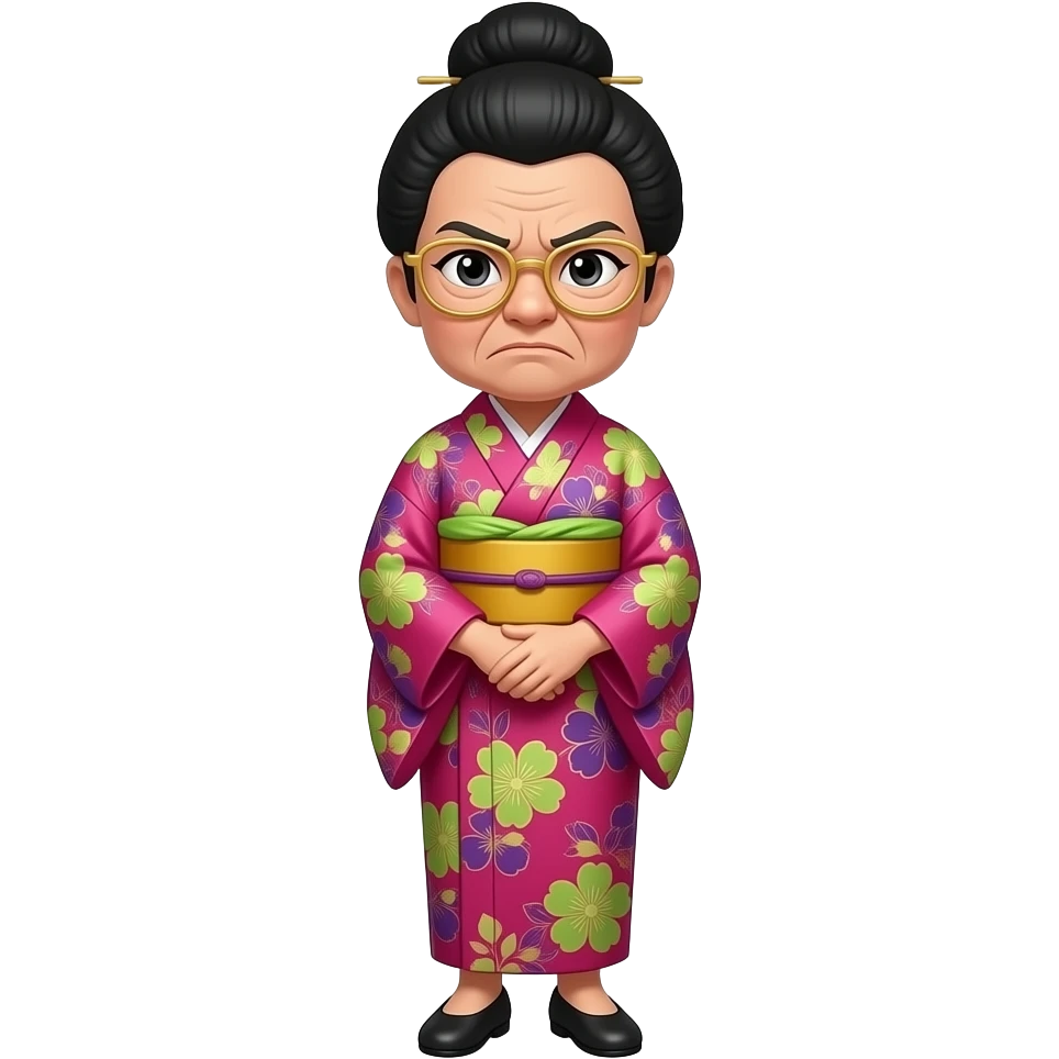 angry elderly asian woman, with black hair in a bun, wearing glasses and a hot pink, purple, lime green and gold floral Traditional Japanese dress and black flat shoes, with her hands behind her back emoji