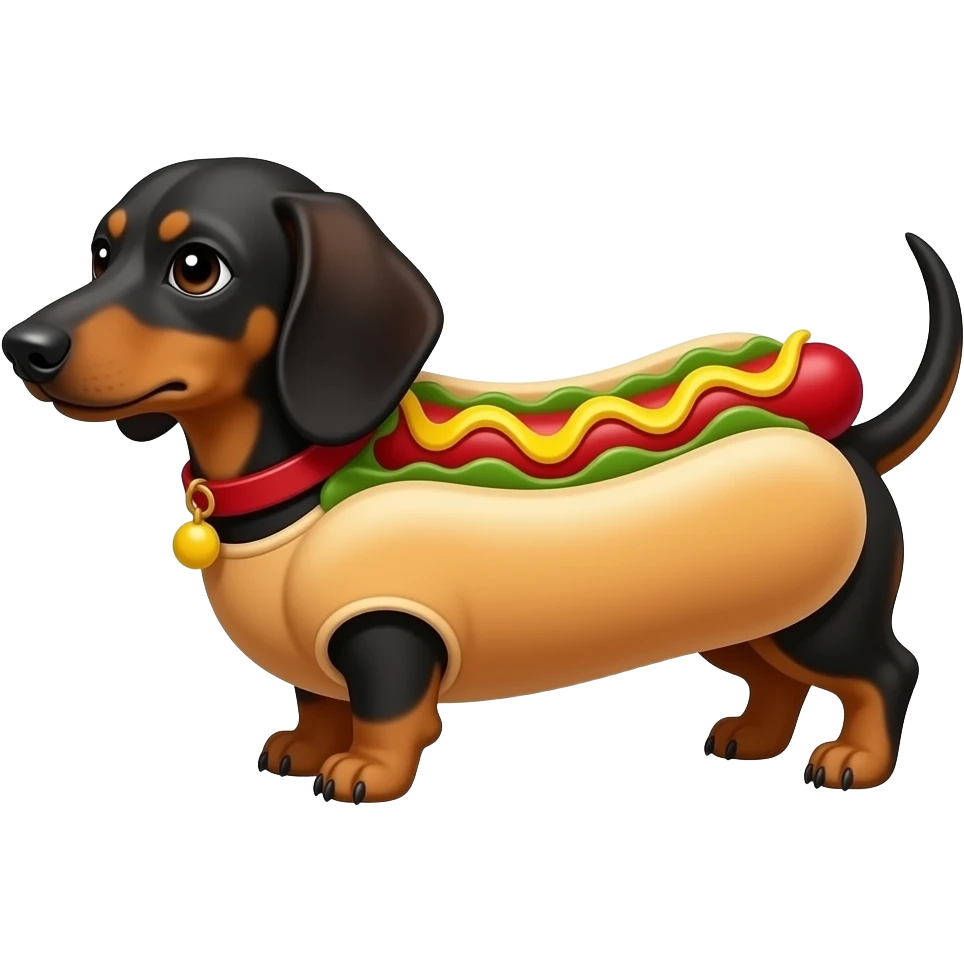 Perro salchicha con disfraz de hotdog emoji