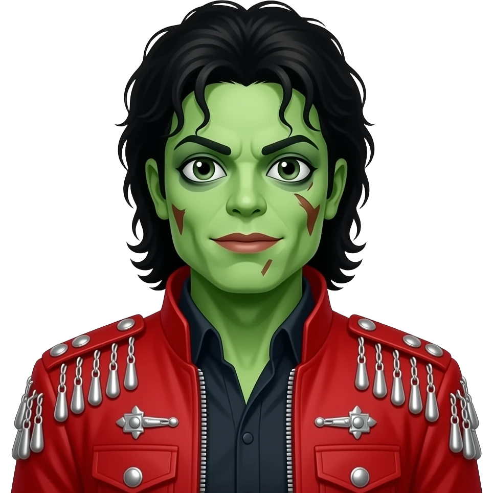 Micheal jackson zombie green face with his red jacket that has sliver hangings on the sides emoji
