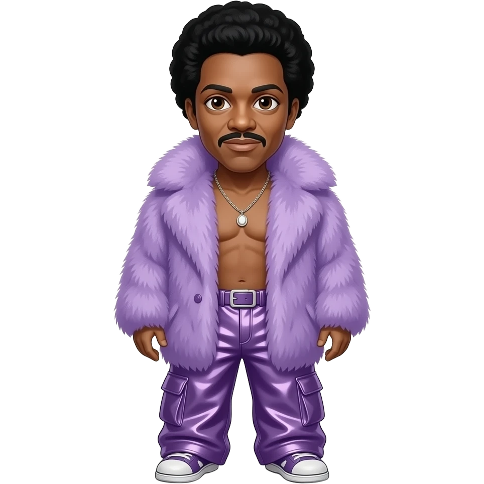 Ike Turner with brown eyes, black hair, lavender fur shawl, lavender metallic baggy pants, shirtless with necklace emoji