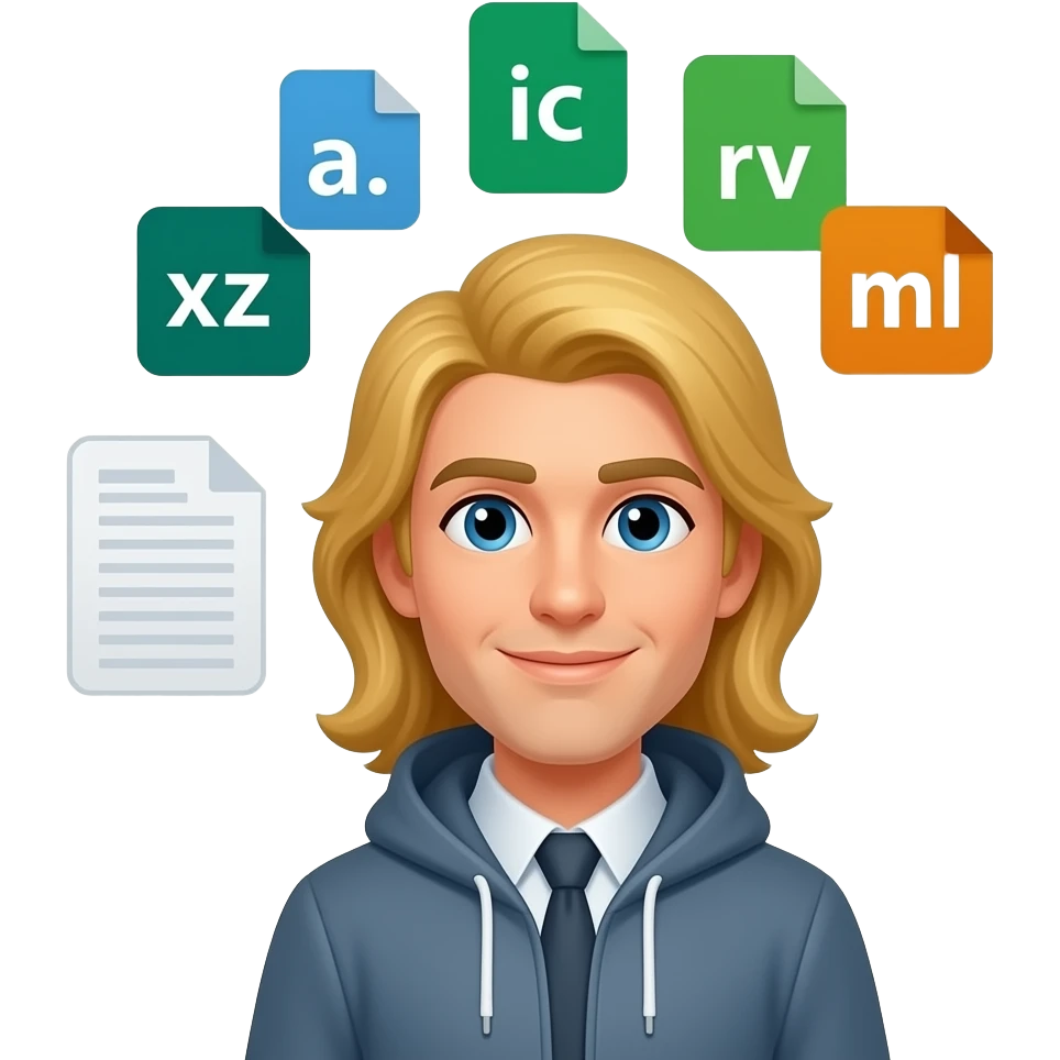 master data specialist with exactly .xls .csv .xml sheets and docs around his head , blond long hair emoji