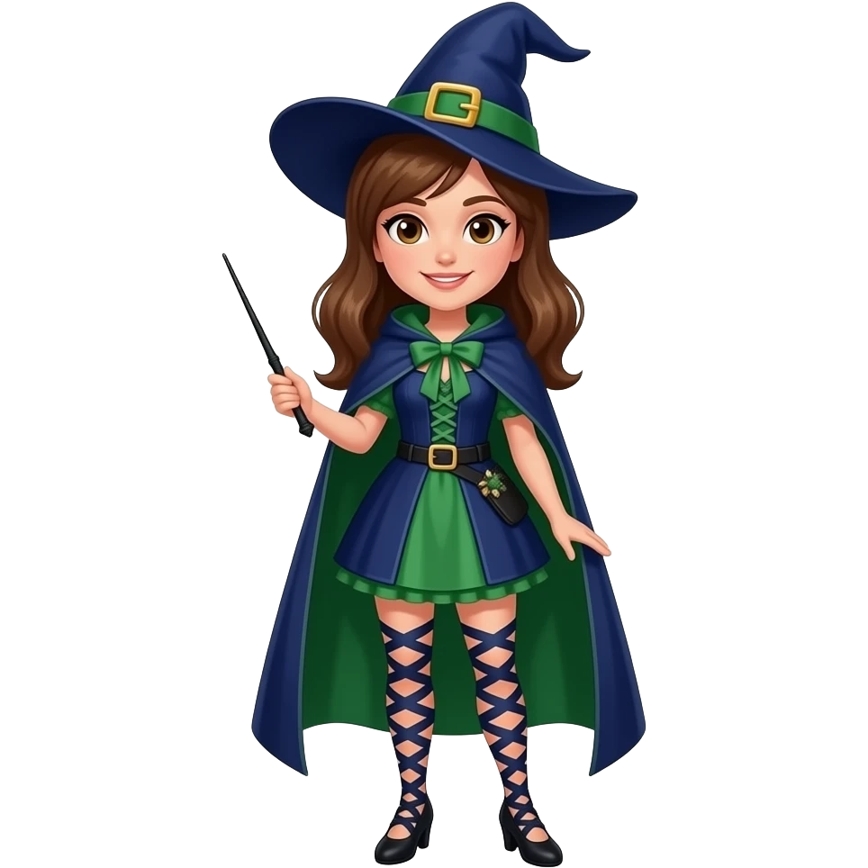 A full body White/Fair skinned woman with brown hair and brown eyes and wearing a Blue and green Witch outfit and holding a black wand. emoji