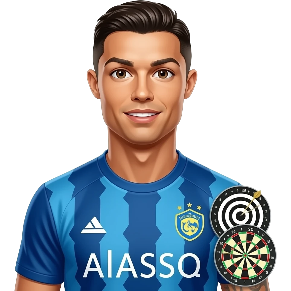 Cristiano Ronaldo, same Al Nassr jersey, bright emoji portrait, two 🎯 targets overlapping jersey sleeve edge, medium difficulty, no text. emoji