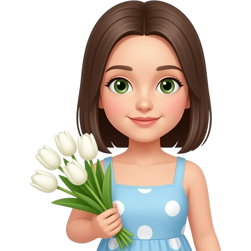 a closeup picture of a girl in a simple summer dress with medium lenght straight brown hair and green small eyes with a bouquet of white tulips to the side emoji