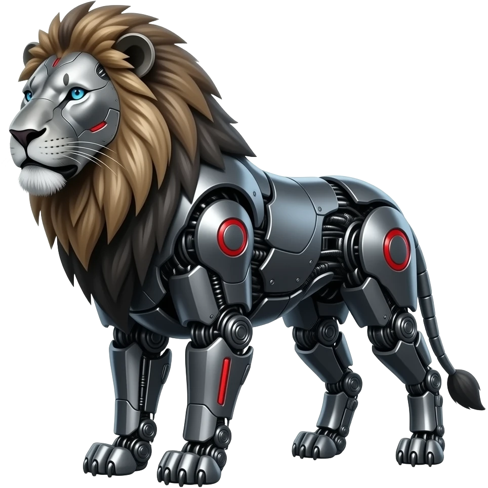 full body Mechanical  lion made of dark grey metal with black and red markings. emoji