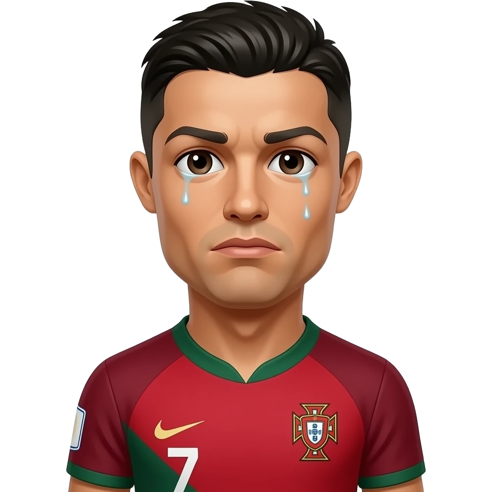 Cute man Cristiano Ronaldo, Portugal jersey, crying with tears, sad eyes, glossy 3D emoji sticker, white outline, transparent background, ultra detailed. emoji