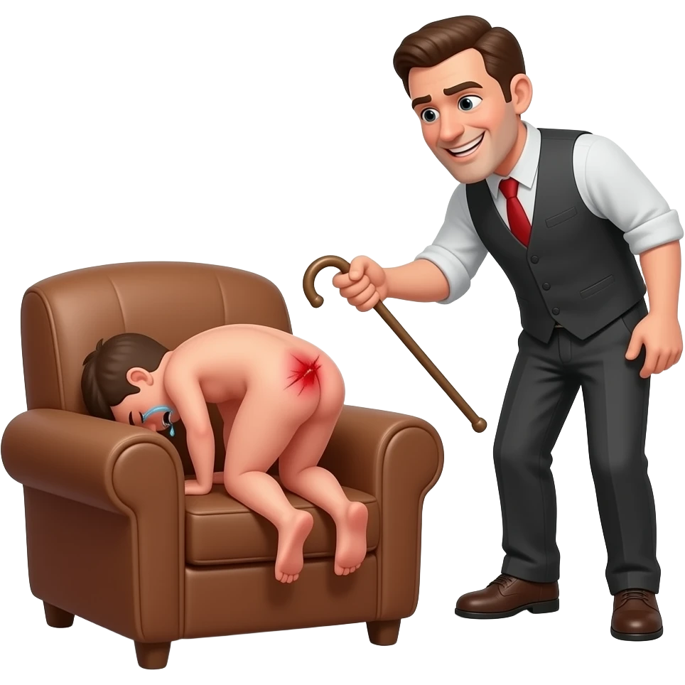 A cruelly smiling clothed man with a thin cane beating the bottom of a small, crying, naked man bending over the back of a brown armchair, his head down on the seat of the chair, legs hanging down the back of the chair,buttocks up high over the back of the chair and his red buttocks very bruised. emoji