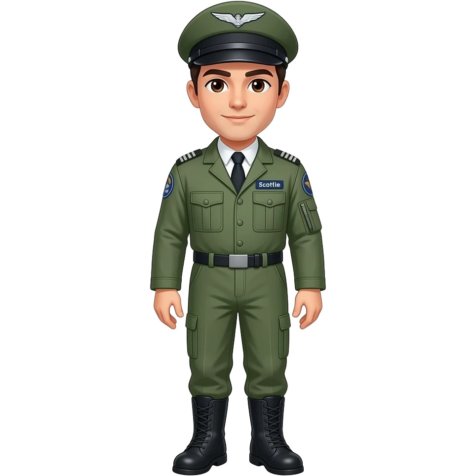 Entire body Male Pilot with pilot suit legs snd shoes Male entire Body Pilot w blazer's Black hair white skin brown eyes with hat and name badge under wing badge “Scottie” emoji