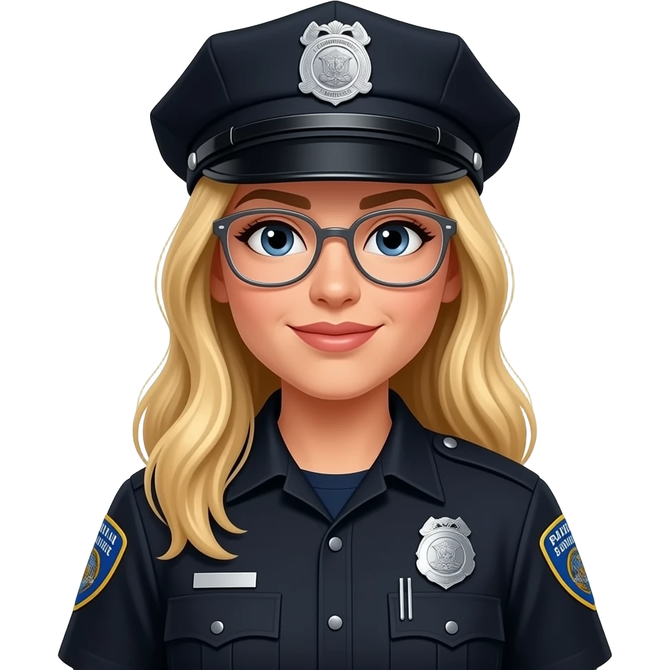 police woman, hispanic complexion, blonde long hair, no hat, Clear colored glasses, badge says (Community Service Officer) black uniform emoji