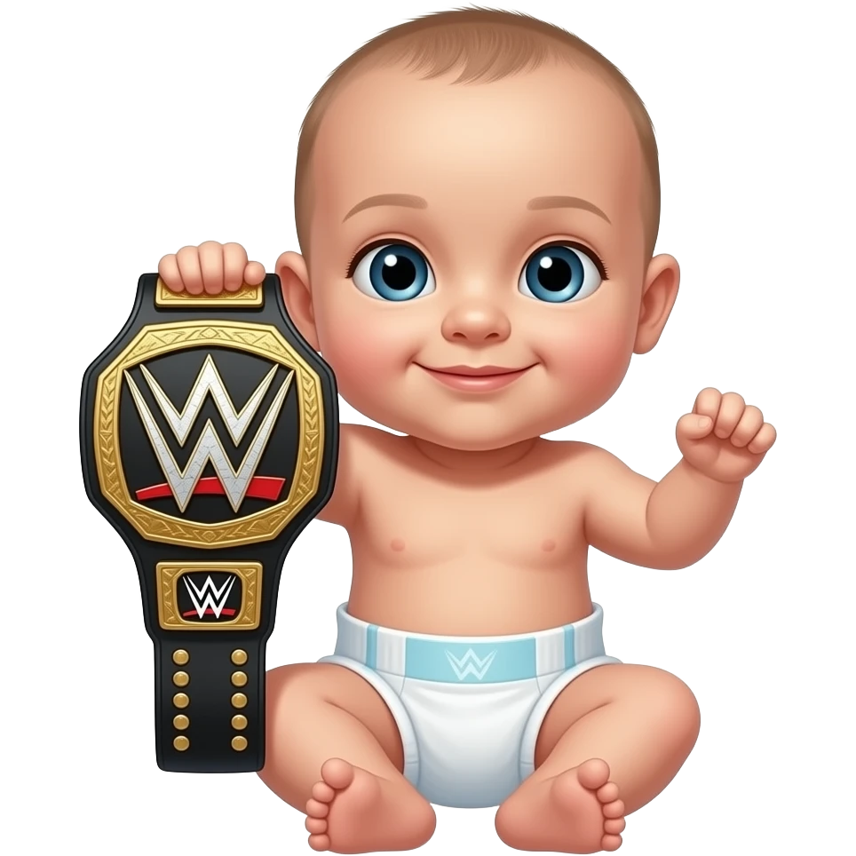 a bald newborn in a diaper holding up a wrestling championship belt emoji
