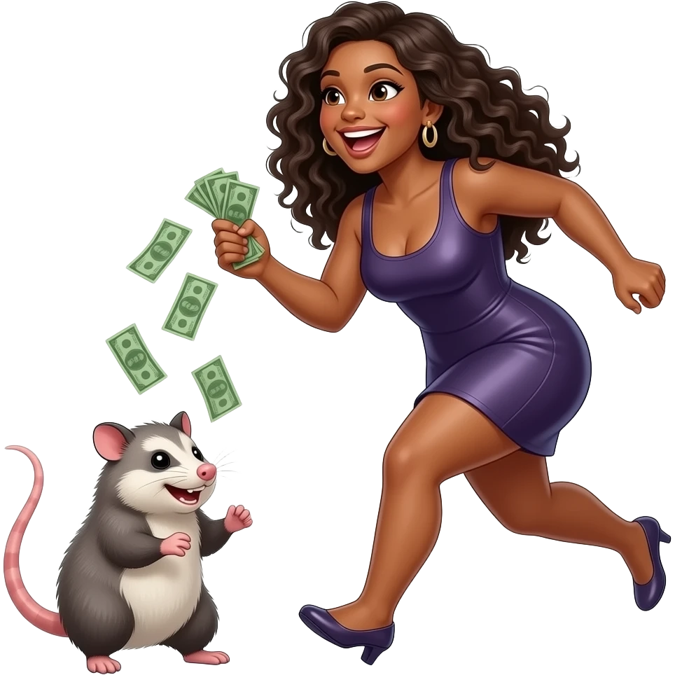 A curvy sexy lightskinned biracial woman with long curly hair is stealing money from possums and running away laughing emoji