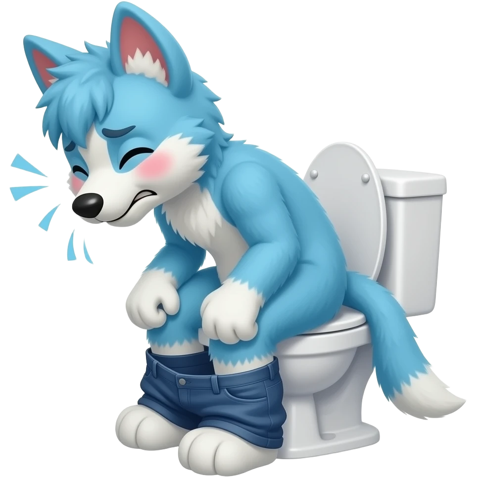 blue fursuit sitting on toilet, side view, pants down, straining face, blushing face, pain, pushing, both fits, discomfort, grunting emoji
