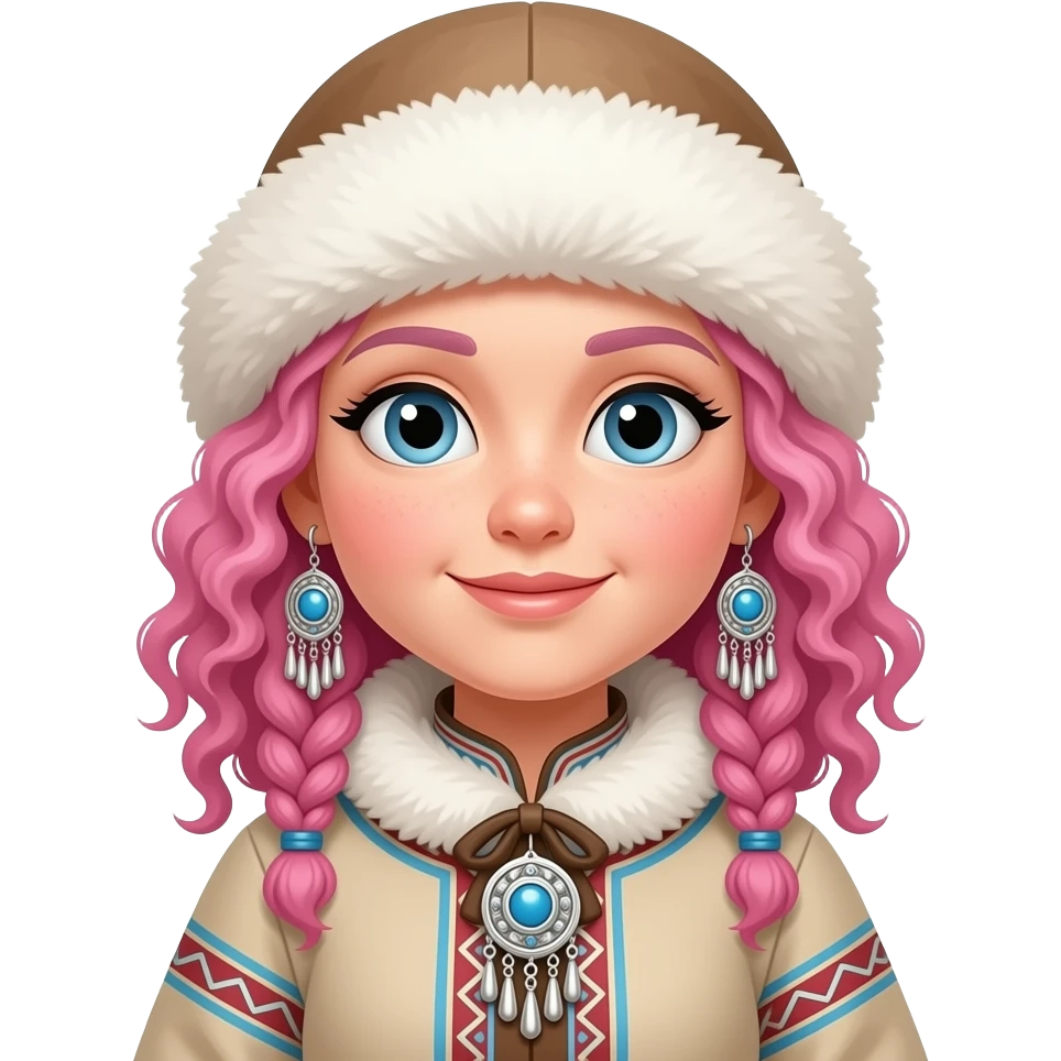 eskimo girl with pink curly hair and big earrings in classic eskimo outfit emoji
