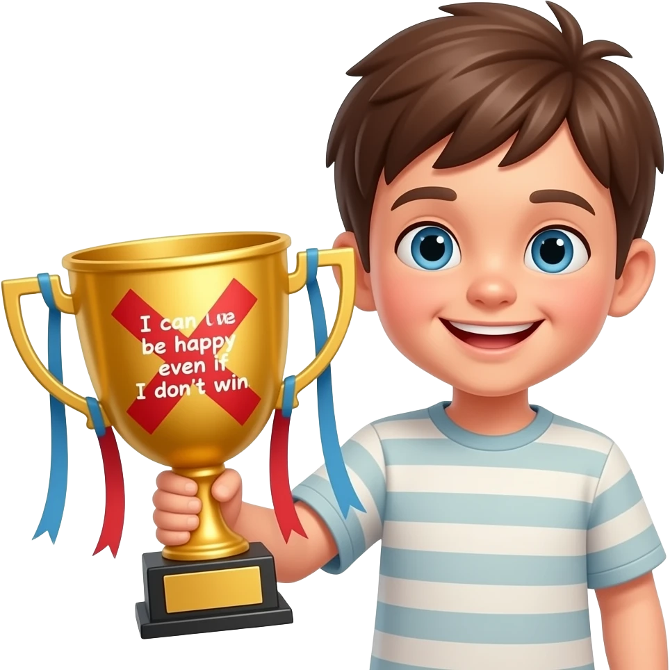 Un enfant garçon souriant, avec un trophée dans les mains, sur lequel il y a une gros X rouge dessus. Message : Je peux être content même si je ne gagne pas. emoji