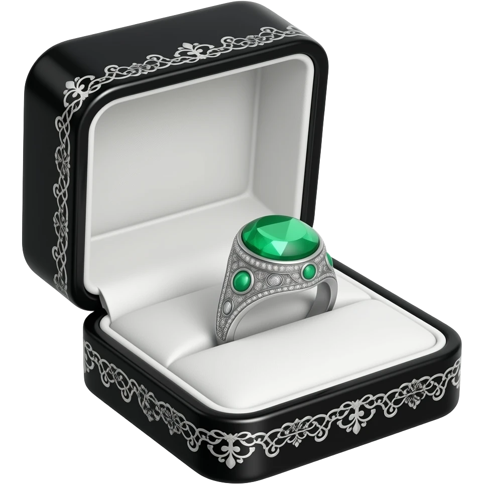 a woman's Emerald ring in a black box with silver ornate trim emoji
