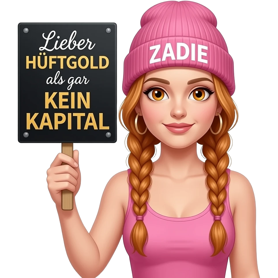 sexy girl with overlong ginger braids and ginger eyes wearing a pink tanktop and a pink beanie with ZADIE written on it, is holding a black sign with Lieber HÜFTGOLD als gar KEIN KAPITAL written on it emoji
