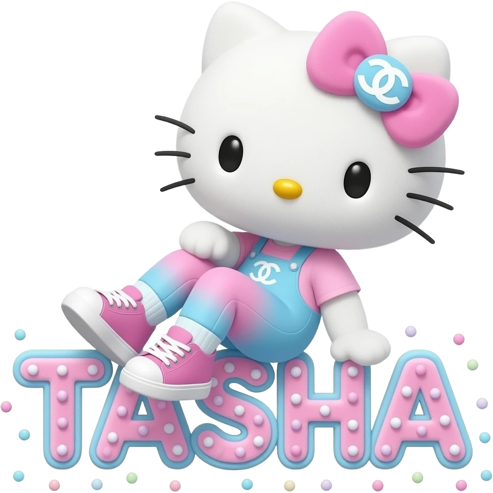 4D Velvety fur hello kitty wearing ombre white and blue and pink ombre pastel colored leggings and sneakers, and with the Chanel symbol on her ombre pastel bow sitting sideways leaning back on top of the velvety 3D outlined letters TASHA surrounded with tiny ombre pastel dots made of candy emoji