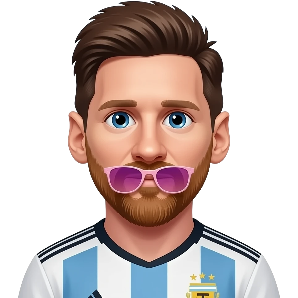 Cute front-facing Messi emoji, brown hair, short beard, big eyes, Argentina jersey, soft gradient background. Exactly 1 pink sunglasses, medium size, under the mouth on the chin. emoji