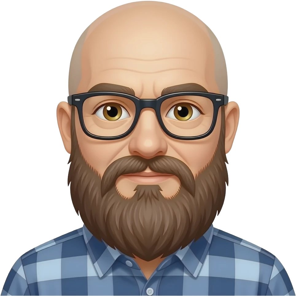 Bald man with long beard, hazel eyes, and black glasses emoji