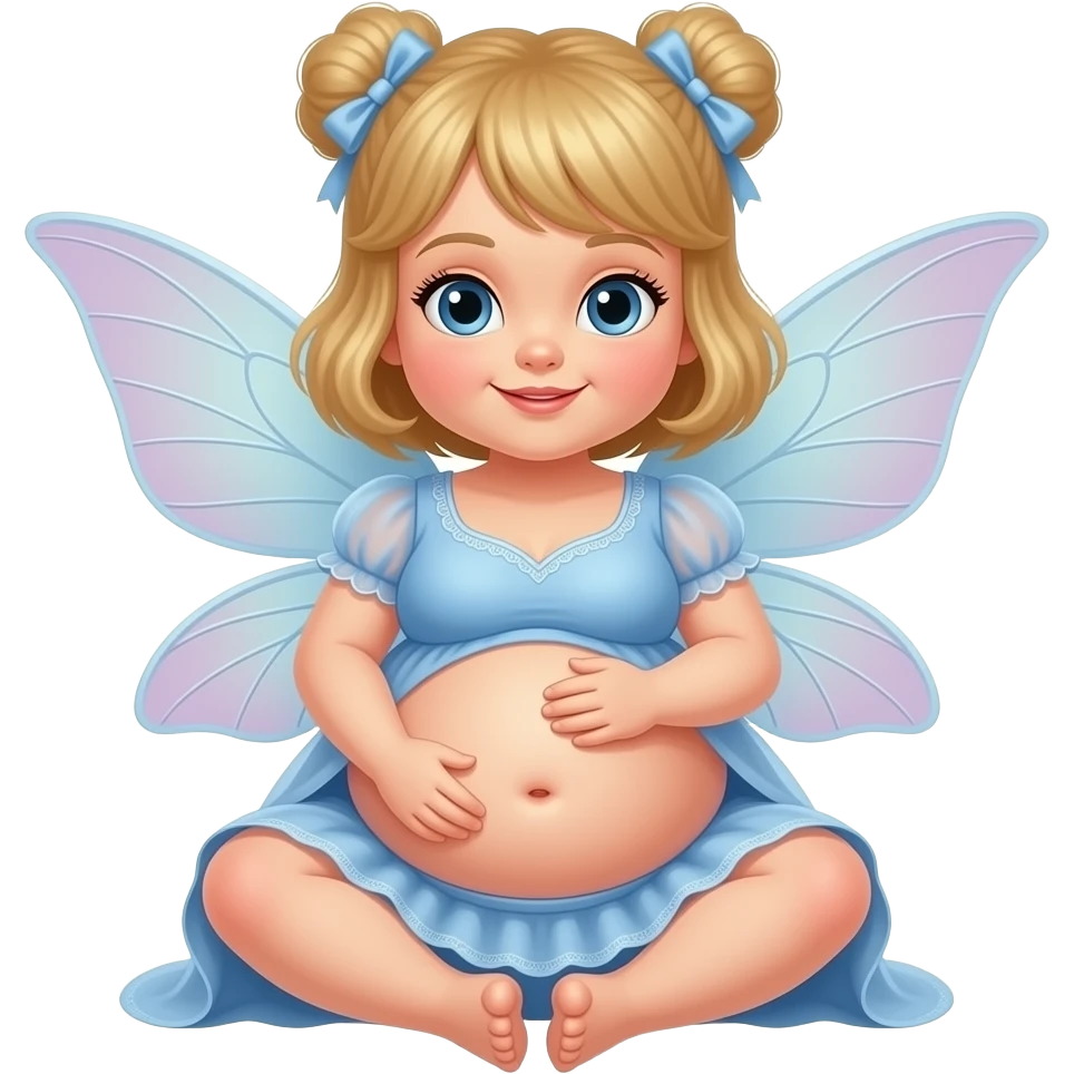 A baby girl fairy,she a very hugely fat belly,she is so stuffed that she has to sit,she could almost roll,rubbing her full bellybutton so she will cutely do a good belly show & tell. emoji