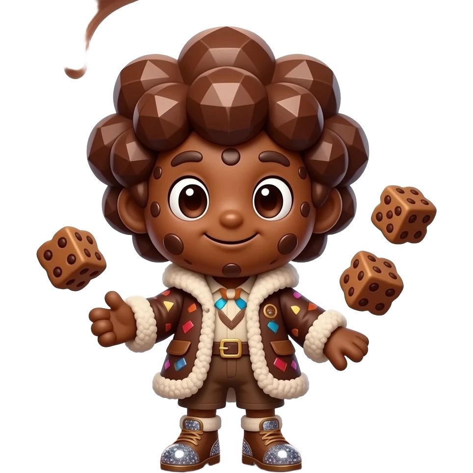 A magical brownie mascot with a giant head and tiny body. It has rich ...