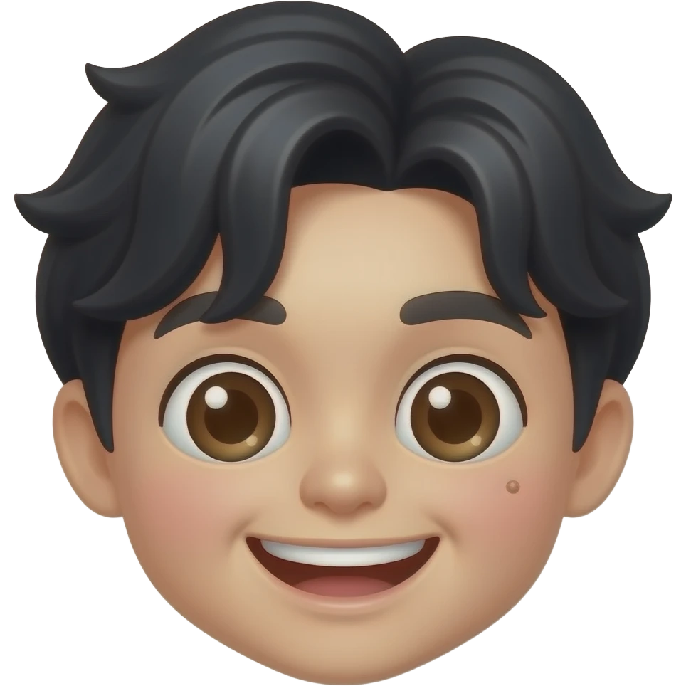 cheerful face emoji, big star eyes, Korean boy features, black fluffy wavy bangs, small mole under right eye, high nose, only face emoji