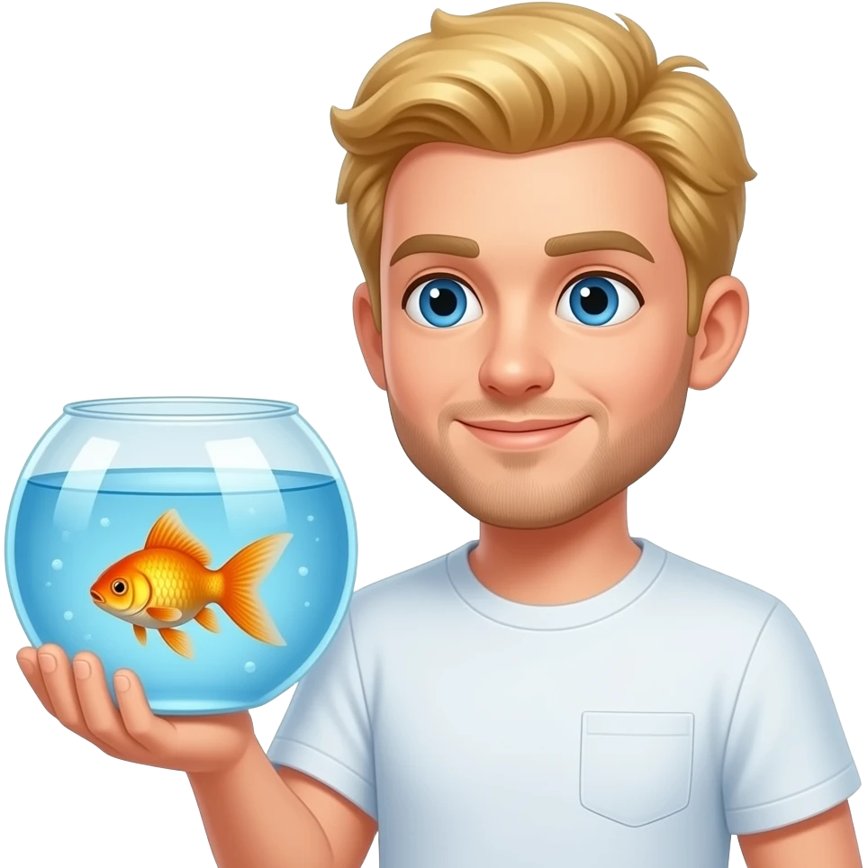 Blonde hair guy with blue eyes holding a fish bowl with a goldfish in it emoji