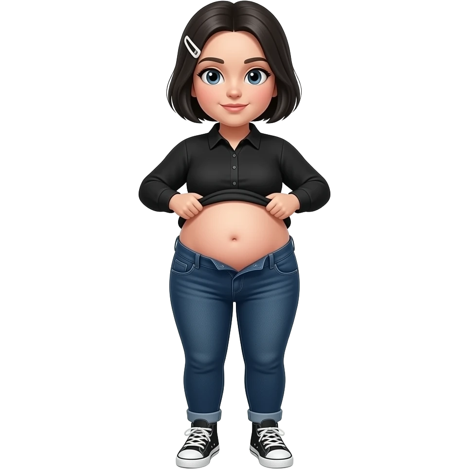 White woman with black short hair, white hair clip, black long sleeve shirt, dark blue jeans, white and black sneakers, and a chubby body lifting her shirt to show her chubby belly emoji