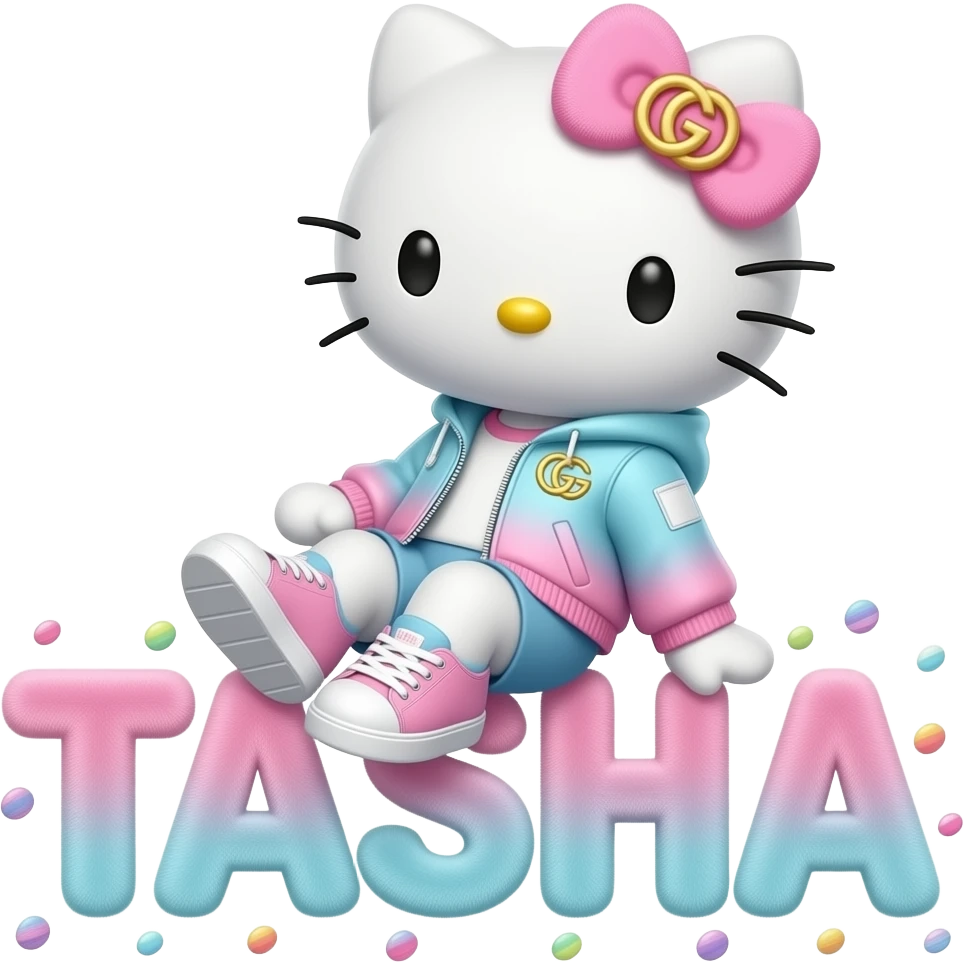 4D Velvety fur hello kitty wearing ombre white and blue and pink ombre pastel colored jacket and sneakers, and with the Gucci symbol on her ombre pastel bow sitting sideways leaning back on top of the velvety 3D outlined letters TASHA surrounded with tiny ombre pastel dots made of candy emoji