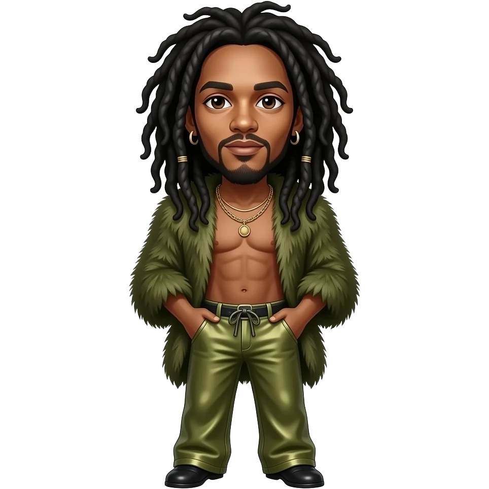 Bob Marley with dark brown eyes, long black hair, olive fur shawl, olive metallic baggy pants, shirtless with necklace and earrings emoji