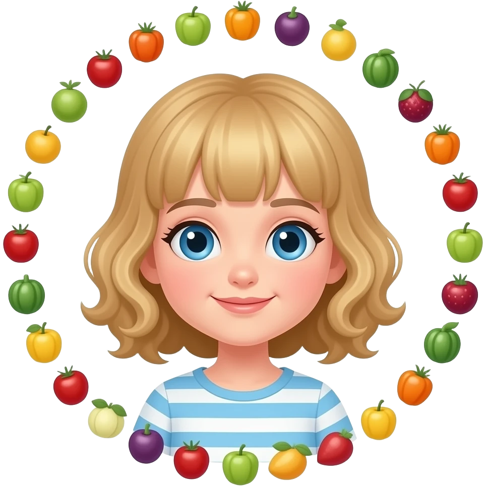 white kid blue eyes mid length hair to her shoulders with bangs soft curly hair to shoulders in color: middle to little darker blond. in a circle around her is small fruits and vegetables (symbolizing vitamin gummie) emoji