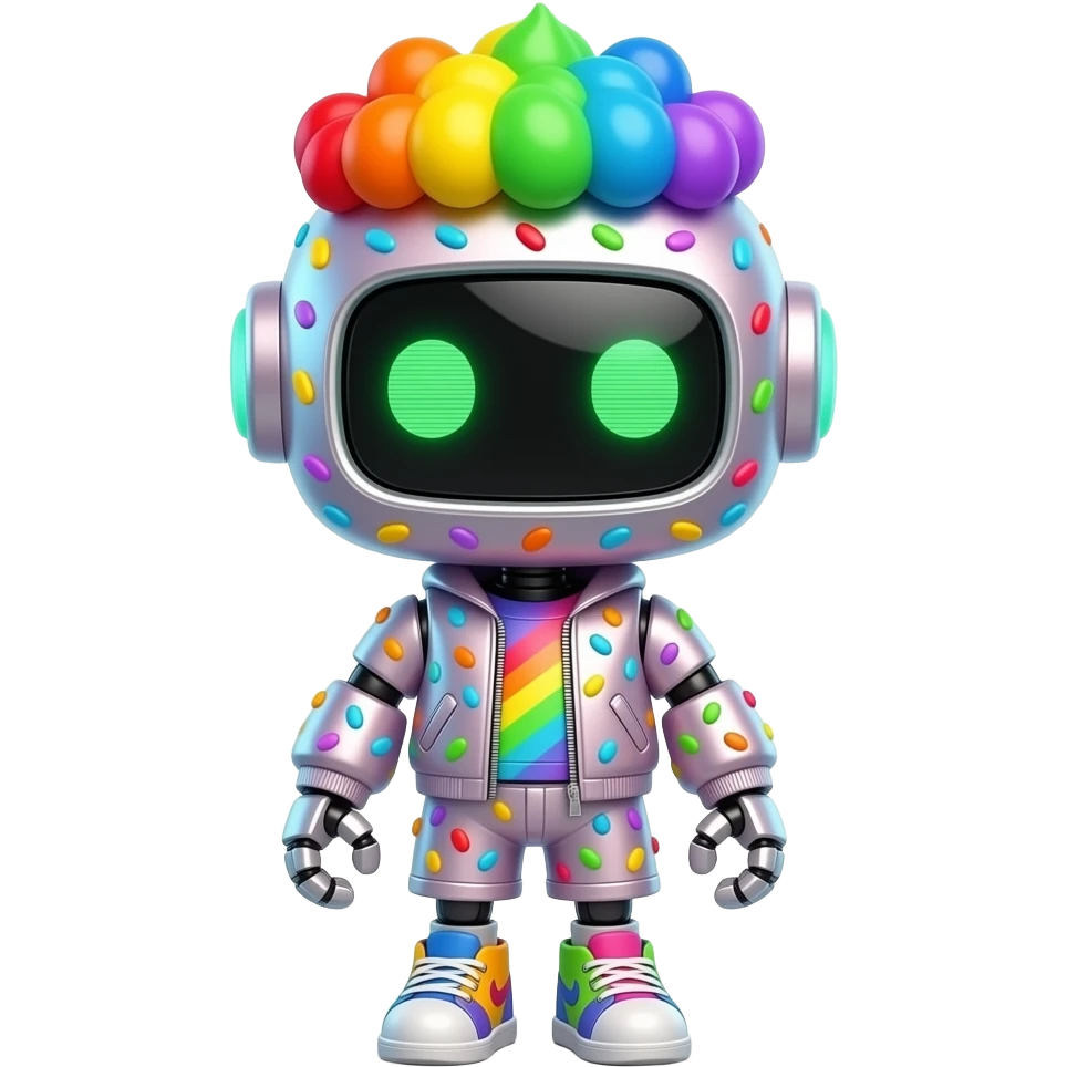 Rainbow Sprinkle Robot. A colorful sprinkle-covered robot with a giant head, tiny body, shiny metallic pastel plating, rainbow sprinkle hair, glowing green eyes, a frosting-inspired jacket, candy shorts, colorful sneakers, and a happy expression. emoji