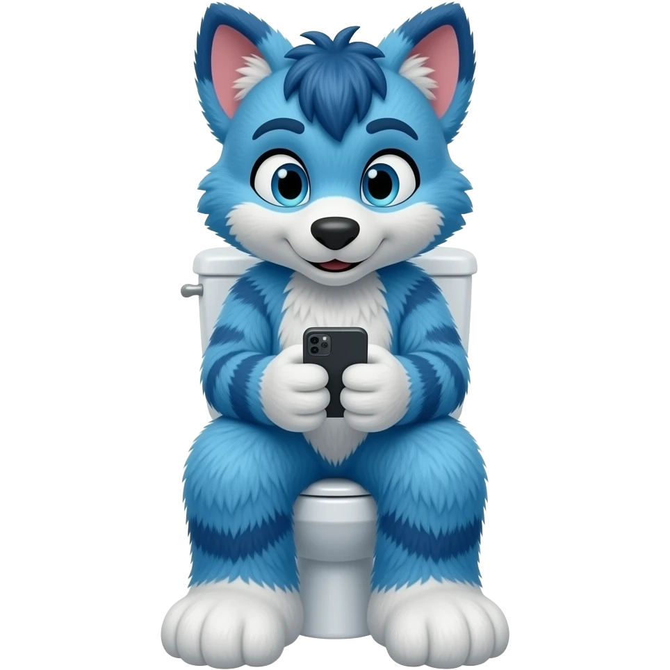 blue fursuit sitting on toilet, front view, legs together, looking down at phone emoji