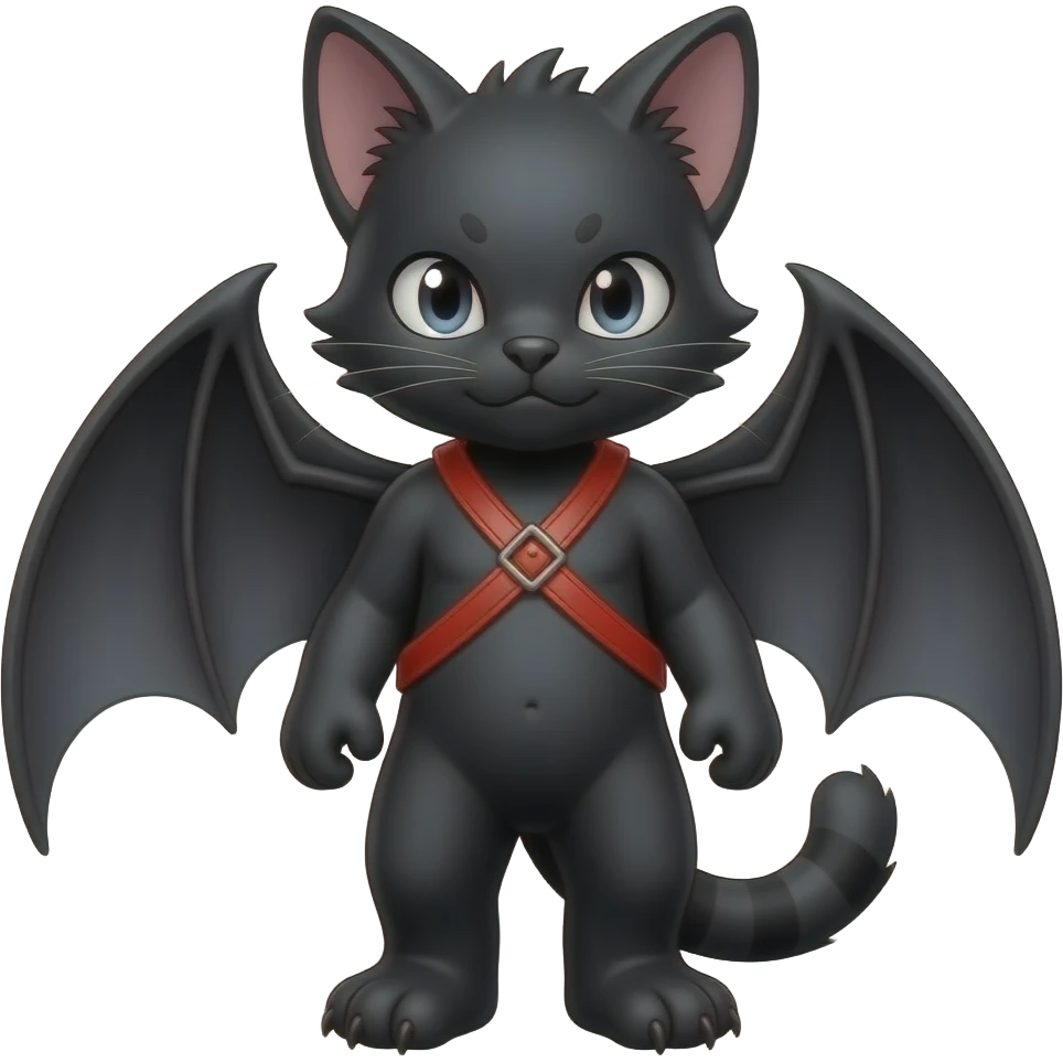 black edgy emo furry bat-cat-fursona-Fakémon with a red chest harness emoji